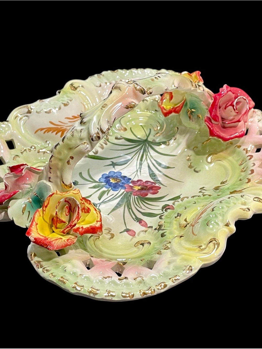 Vintage 1950s Capodimonte Signed Italian Porcelain Basket Reticulated Lattice